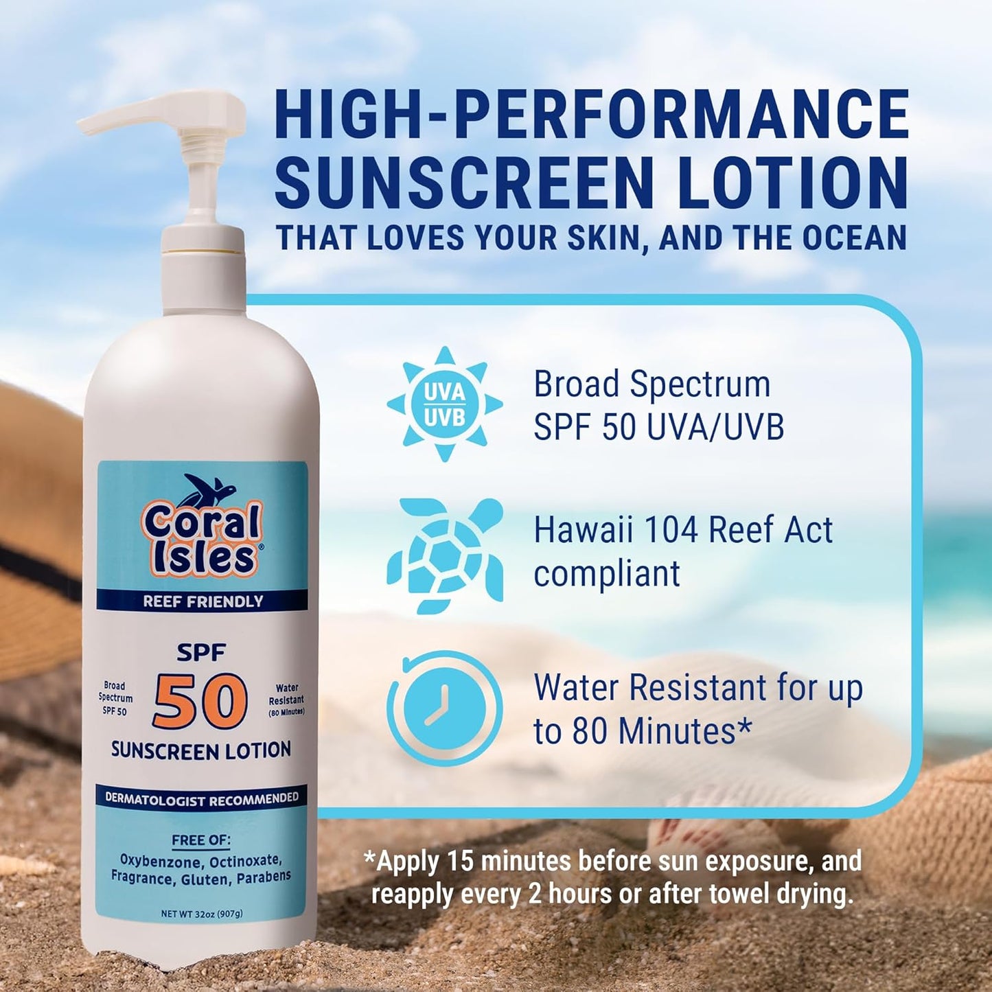 Coral Isles Sunscreen SPF 50 | Hawaii Compliant | Octinoxate & Oxybenzone Free | Broad Spectrum UVA/UVB Protection | Water Resistant 80 Min. | Fragrance Free | 32 Fl Oz Quart w/Pump