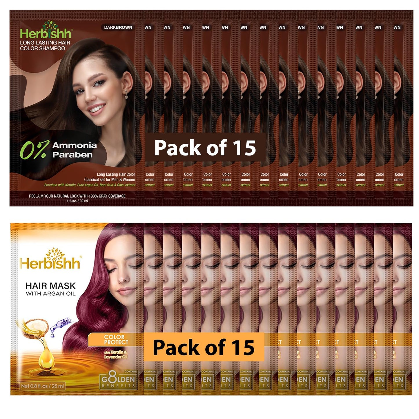 Herbishh Travel Pack Hair Dye Color Shampoo + 15pc Argan Hair Mask Sachet (Dark Brown, 15 Sachets)