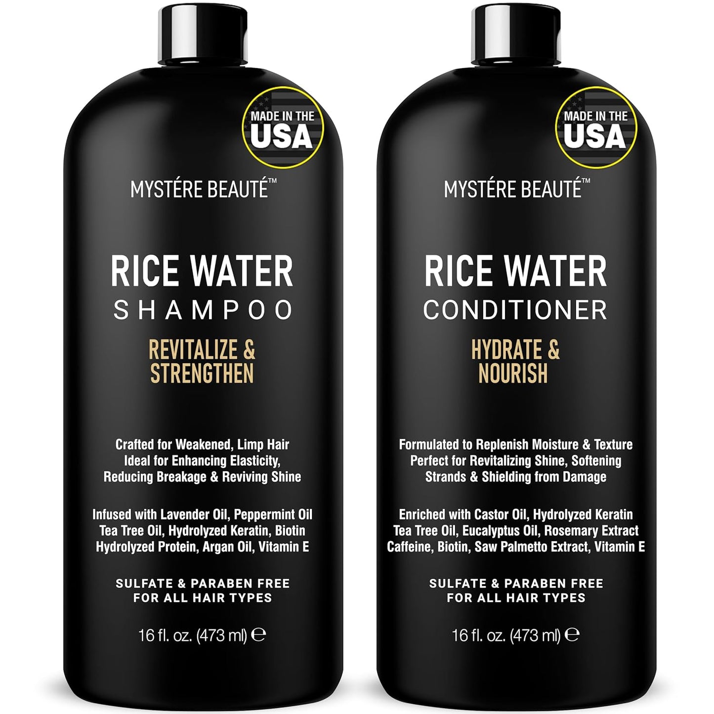Rice Water Shampoo and Conditioner Set - Ultra-Nourishing Hair Care Set, Promotes Growth, Revitalizes Shine, and Shields from Damage - Infused with Essential Oils - 16 fl oz Each