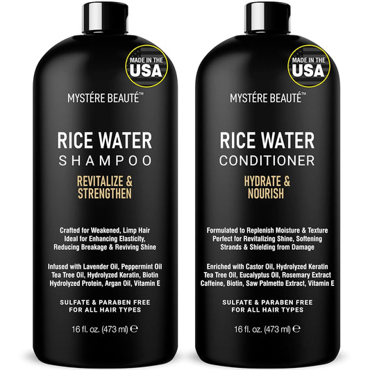 Rice Water Shampoo and Conditioner Set - Ultra-Nourishing Hair Care Set, Promotes Growth, Revitalizes Shine, and Shields from Damage - Infused with Essential Oils - 16 fl oz Each