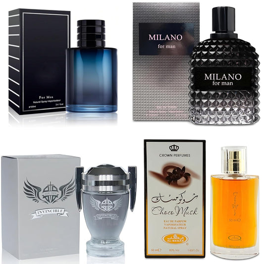 4-Piece Cologne for Men Includes Choco Musk/SE/Invincible/Milano Scent of Woody, Spicy, Citrus & Aromatic eau de parfum Men Gift Set Each 100Ml for Daily Use