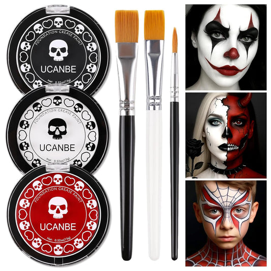 Goth White Foundation + Black Red Face Body Paint for Halloween Makeup, Face Painting Kit with Brushes Facepaint Set for Kids Adults Clown Vampire Skull SFX Make Up Costume Cosplay Party Theater Stage