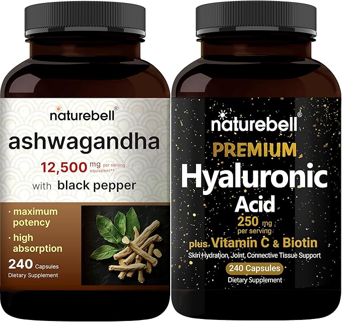 NatureBell Hyaluronic Acid Capsules with Biotin + Vitamin C & Ashwagandha 12,500 mg Equivalent with Black Pepper Bundle Pack | Complete Beauty Care Complex | Adaptogens Supplements for Relaxation