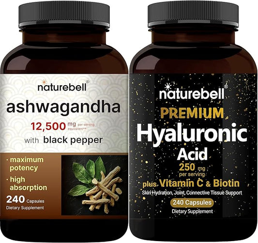 NatureBell Hyaluronic Acid Capsules with Biotin + Vitamin C & Ashwagandha 12,500 mg Equivalent with Black Pepper Bundle Pack | Complete Beauty Care Complex | Adaptogens Supplements for Relaxation