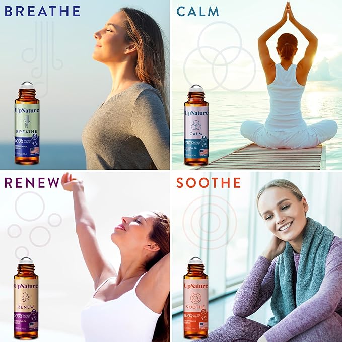 UpNature Essential Oils Roll On Set (Pack of 4) Stress Relief Gift Aromatherapy Oil - Self Care Gifts for Women