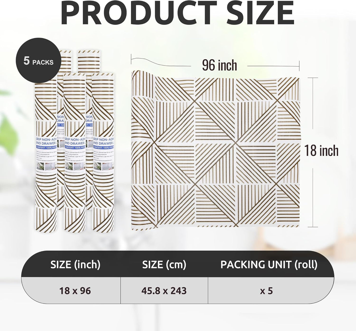 RAY STAR 18X96 Inch Shelf Liner for Kitchen Cabinets, Non-Adhesive Cabinet Liner Washable, PVC Drawer Liner for Dresser Non-Slip Bathroom (Classic)(5 Roll)