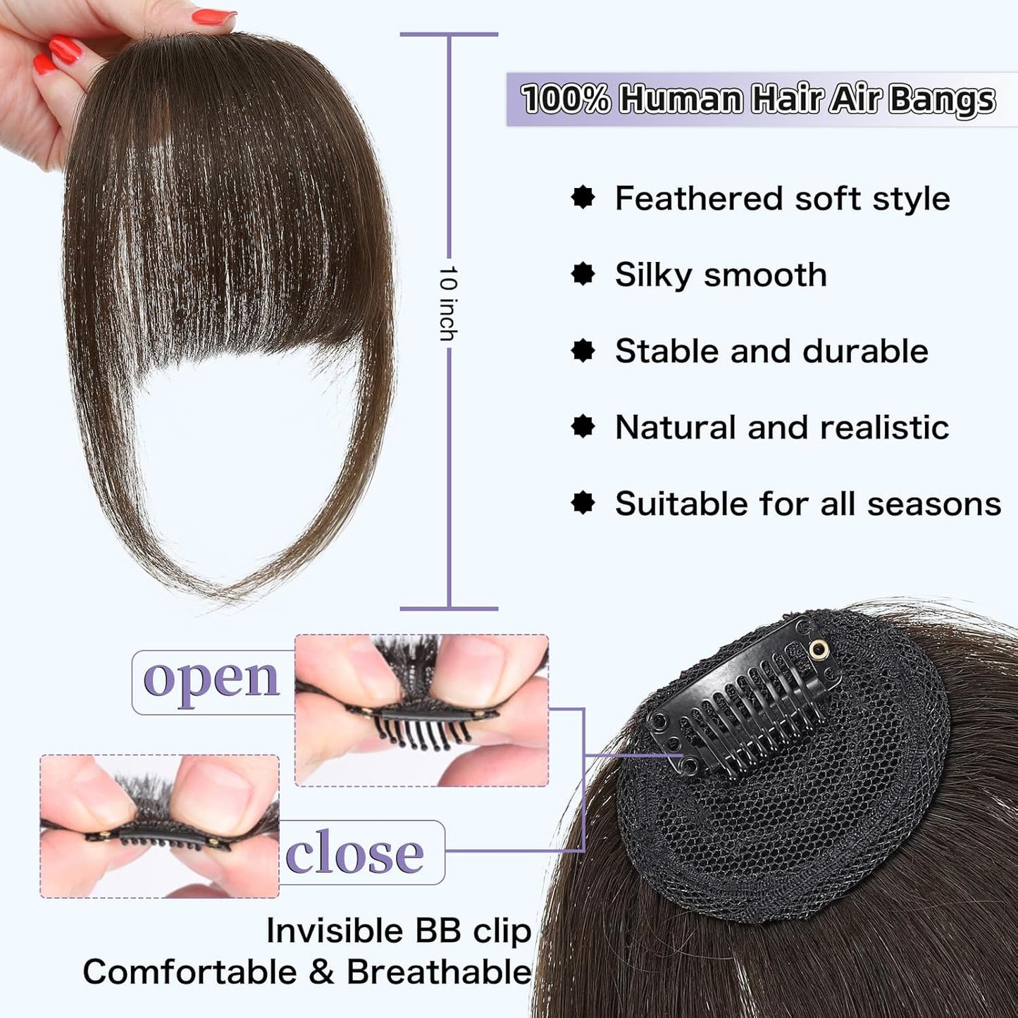 Wispy Bangs Hair Clip, 100% Human Hair Clip In Dark Brown Bangs for Women, Soft Layered Fake Bangs with Feathered Fringe, Easy Clip-On Design for Daily Wear & Halloween