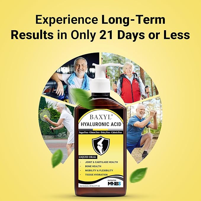 BAXYL Liquid Hyaluronic Acid Supplement - Natural Citric Acid, Potassium Sorbate Ingredients Formulated Flavorless Syrup - Provide Healthy Cartilage & Bone Formation - 3 Bottles of 6 Fl Oz