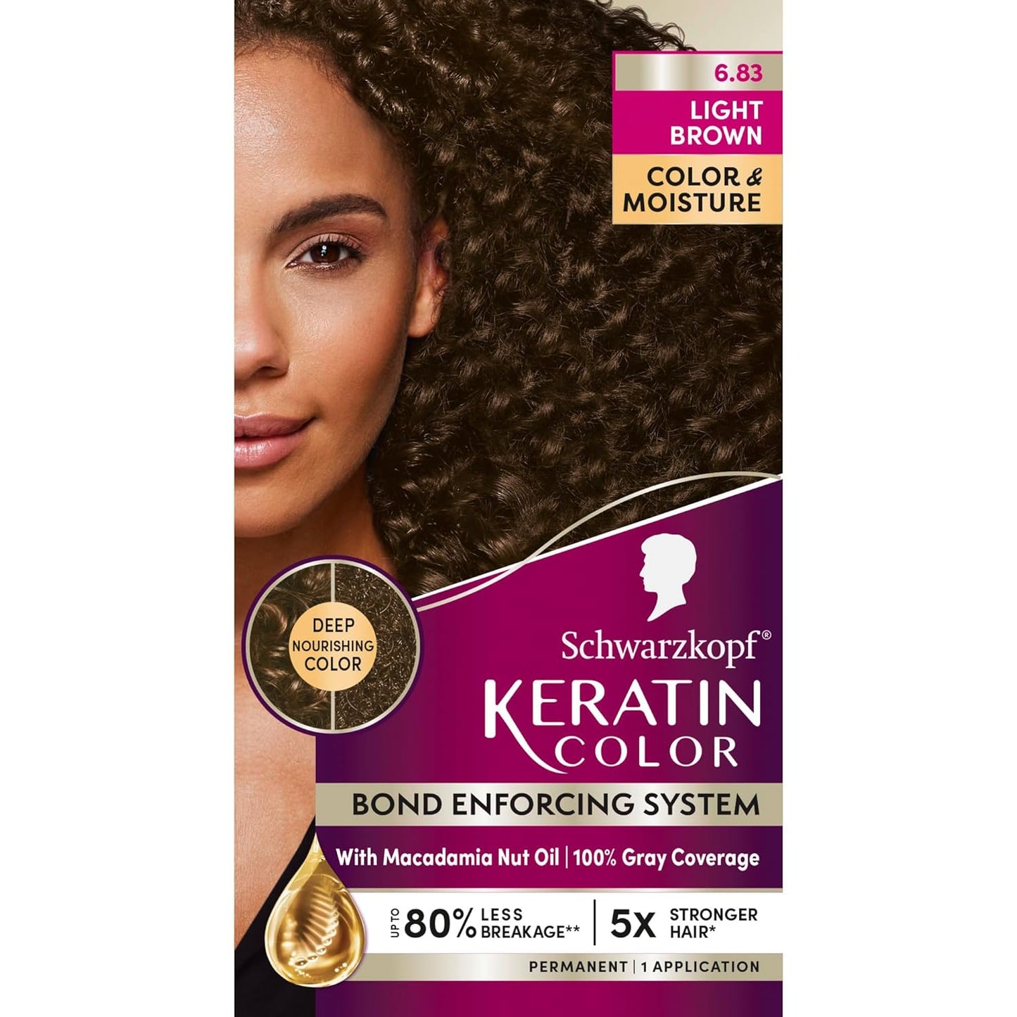 Schwarzkopf Keratin Permanent Hair Dye Cream, 6.83 Light Brown, Professional Quality Color for Up to 100% Gray Coverage, Bond Enforcing System