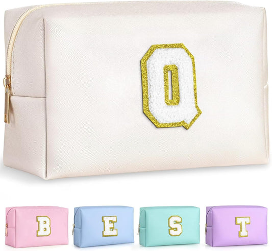 TOPEAST Initial Makeup Bag for Travel, Chenille Letter Pouch Cosmetic Bag, PU Leather Waterproof Toiletry Bag, Personalized Gifts for Bride Bridesmaids, Cute Things for Girls (White Q)