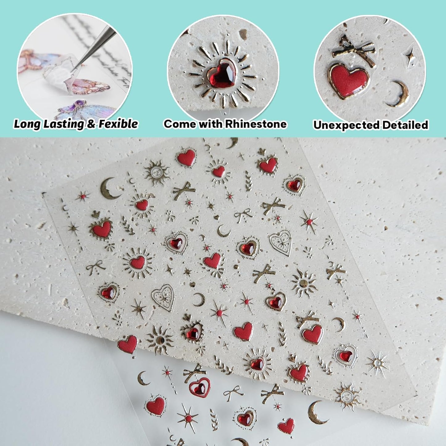 Gold Totem Red Heart Nail Art Stickers, Embossed Moon Star Decals, Self-Adhesive Accessories for Women, Aesthetic Supplies for Nail Design