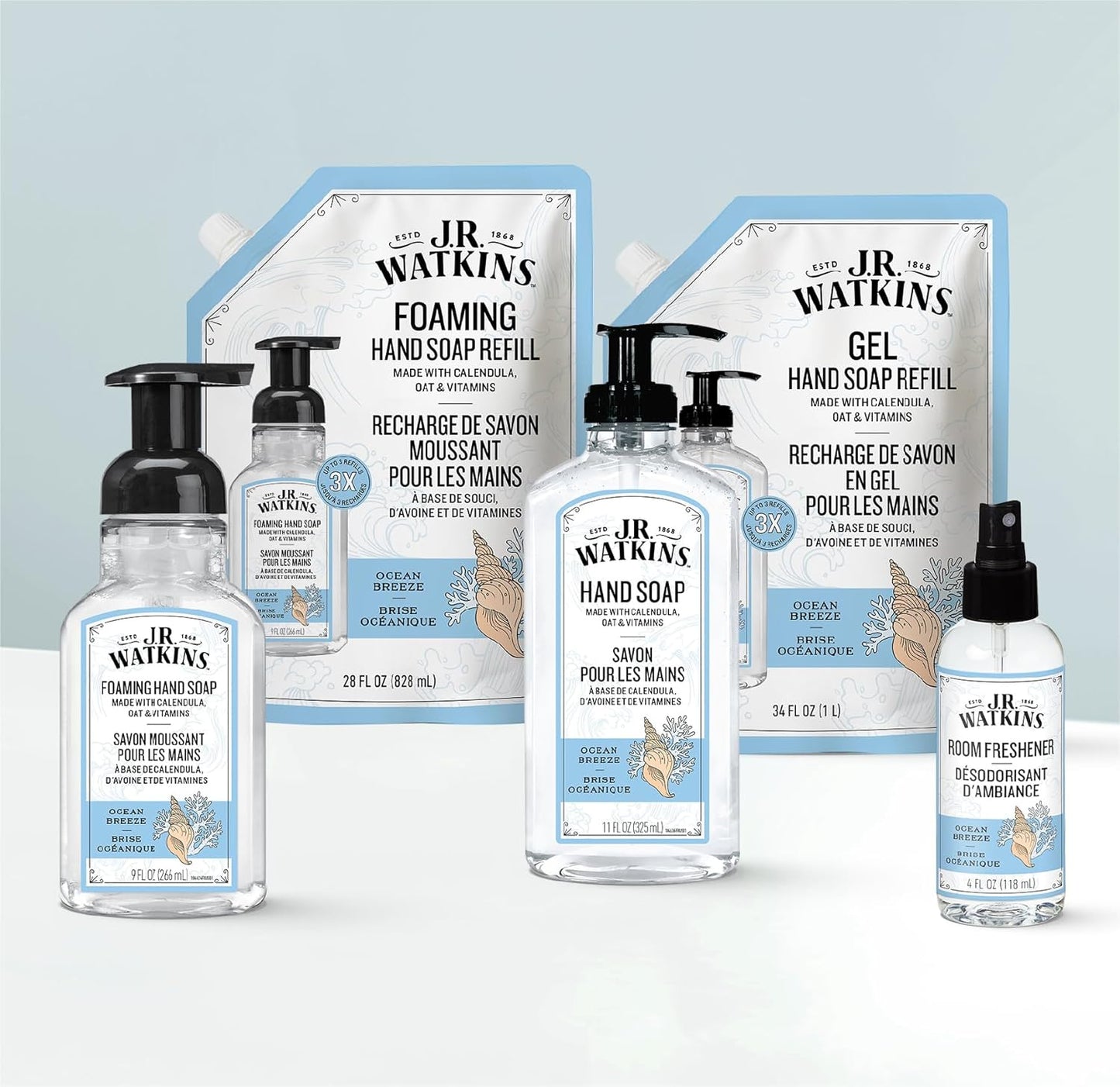 J.R. Watkins Gel Hand Soap Refill, Moisturizing Hand Wash, Formulated with Plant-Based Cleansers, Alcohol-Free, Cruelty-Free, Ocean Breeze, 34 Fl Oz, 2 Pack