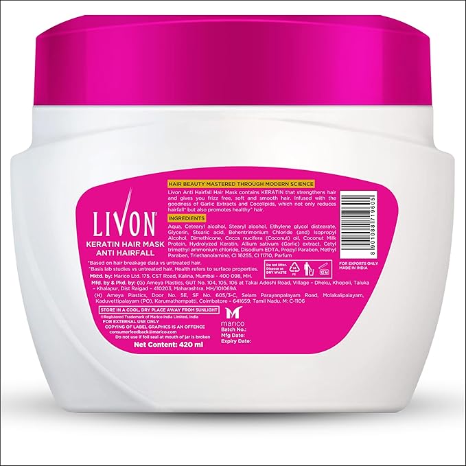 Livon Keratin Anti-Hair Fall Hair Mask | Conditioning Treatment for Healthy, Smooth & Shinier Hair | All Hair Types | 15.2 Fl.oz.
