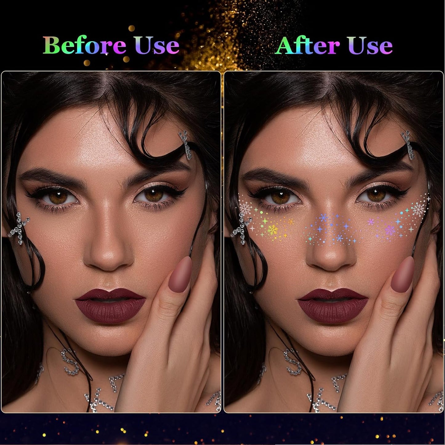 HyperFun 12Pcs Christmas Face Glitter Freckles, Glitter Freckles Face Tattoo Sticker, Holographic Multichrome Waterproof Sparkle Freckles Makeup Patches for Women Rave Festival Accessories Party Prom