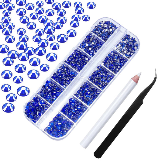Nail Art Rhinestones HUETFAT 2400 Pcs Flatback Rhinestones Gems Stones Round Crystal Royal Blue 6 Sizes (1.9-4.5 mm) with Storage Organizer Box Wax Pencil Tweezers for Nail Art craft（Sapphire）