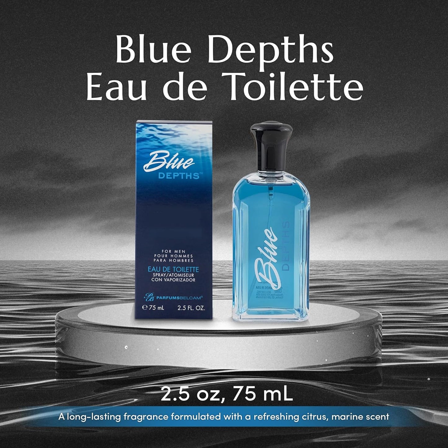 PB ParfumsBelcam Blue Depths Eau de Toilette Fragrance Spray - 2.5 Fl Oz. Fresh Aquatic Cologne for Men with Crisp Citrus, Warm Musk & Amber Scent, Crafted with Premium Oils for Day & Night Use