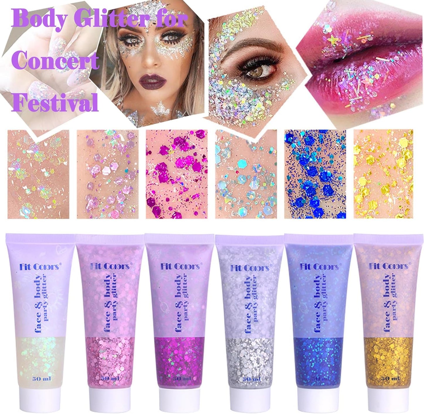 Body Glitter Face Glitter Gel: Singer Concerts Disco Festival Rave Accessories Face Glitter Makeup 150ml Chunky Sequins Mermaid Face Body Hair Glitter Gel (White&Pink&Gold&Green&Red)