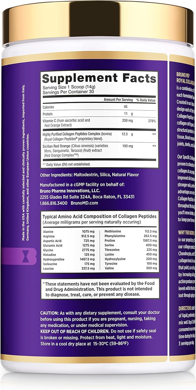 Royal Collagen Peptides, Clinically proven, Dietary Supplement, Improves Skin & Cellulite, European Sourced, Improves the Look of Hair & Nails, Blended with Vitamin C, Bone & Joint Supplement