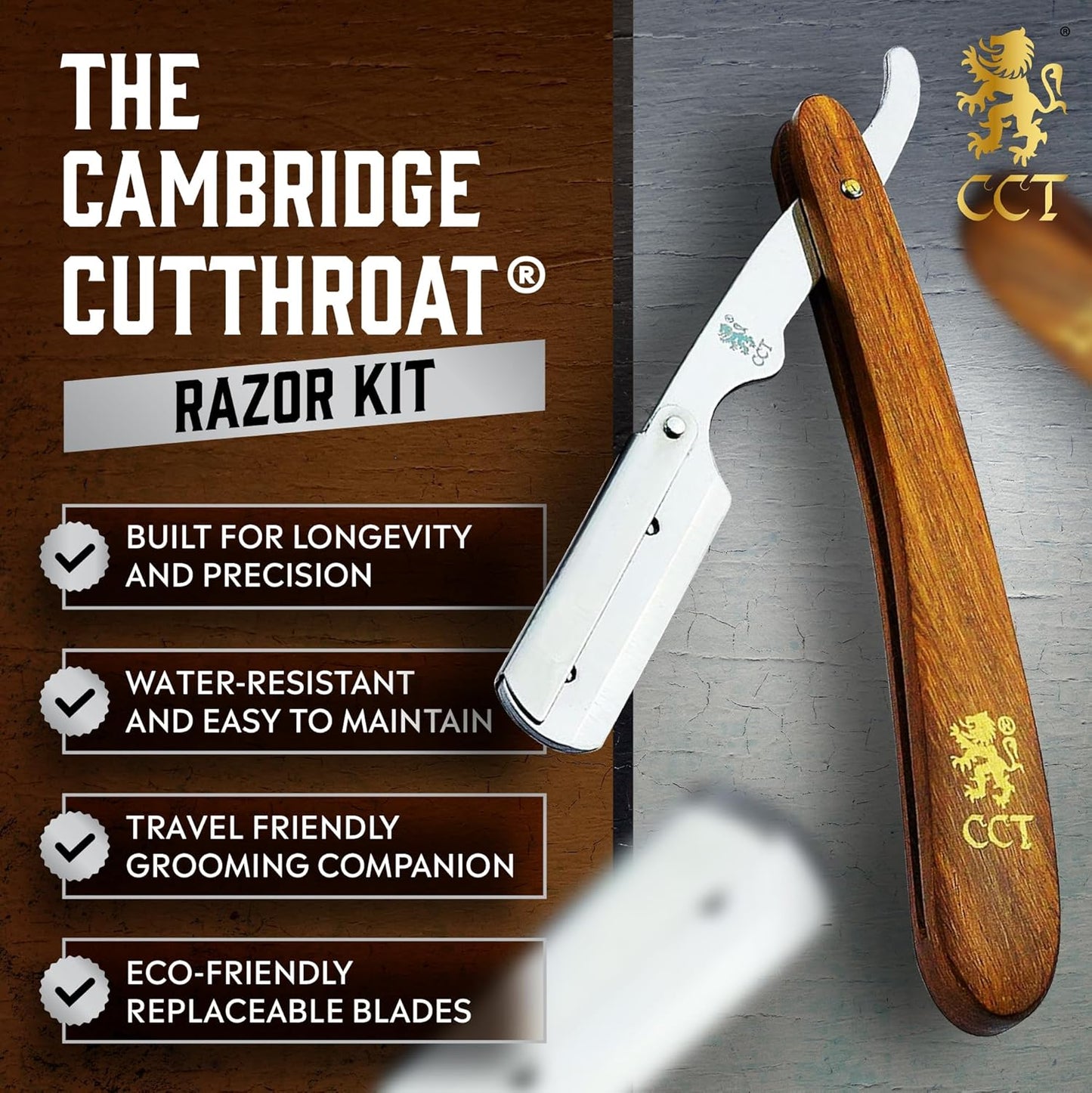 The Cambridge Cutthroat® Cut Throat Razor Kit with Blades & Travel Pouch - Missanda Hardwood & Stainless Steel Professional Barber Shaver Men - Straight Edge Moustache & Beard Shaper