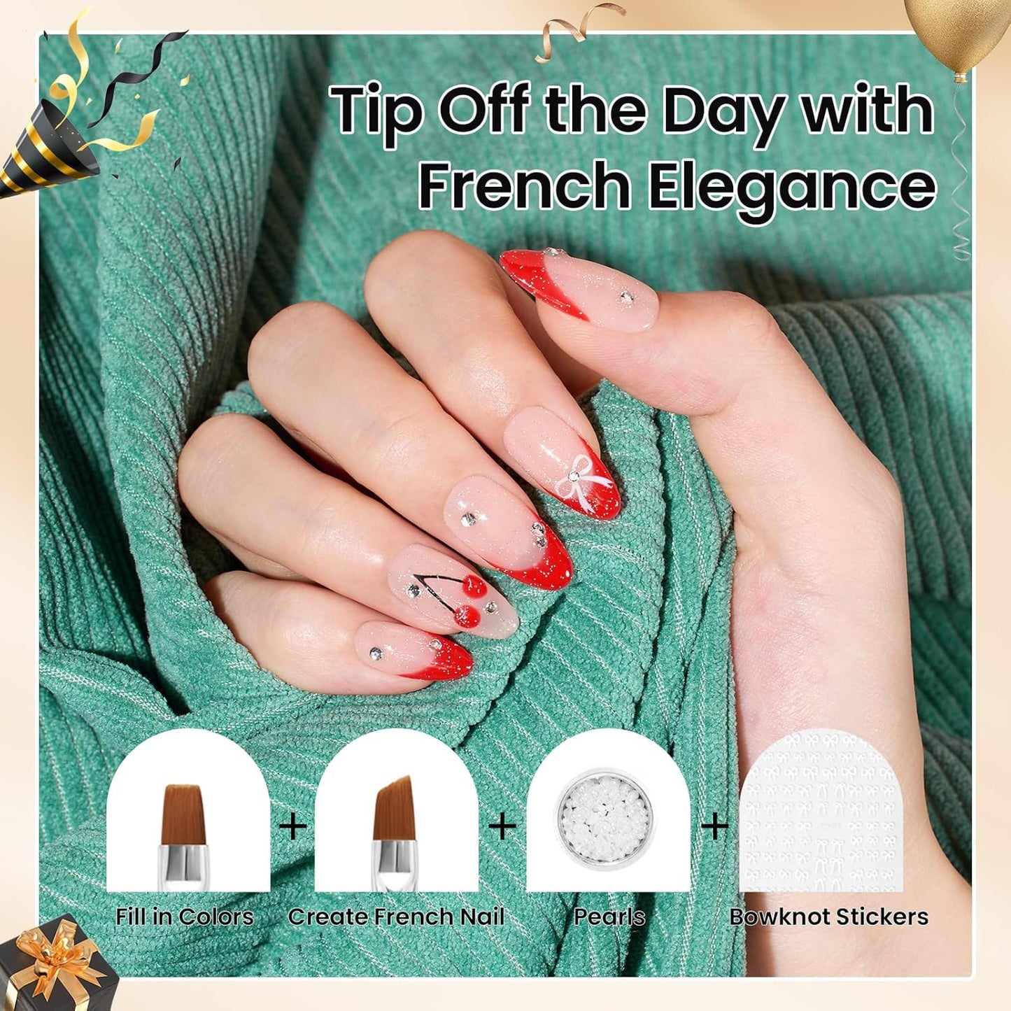 Beetles Nail Art Brushes 8pcs – Crystal Nail Art Tools 5pcs Double-headed Nails Dotting Tool, 3pcs Striping Liner Brushes for Nails with Pearls Bowknot Stickers, DIY Home Salon Manicure Design Tools