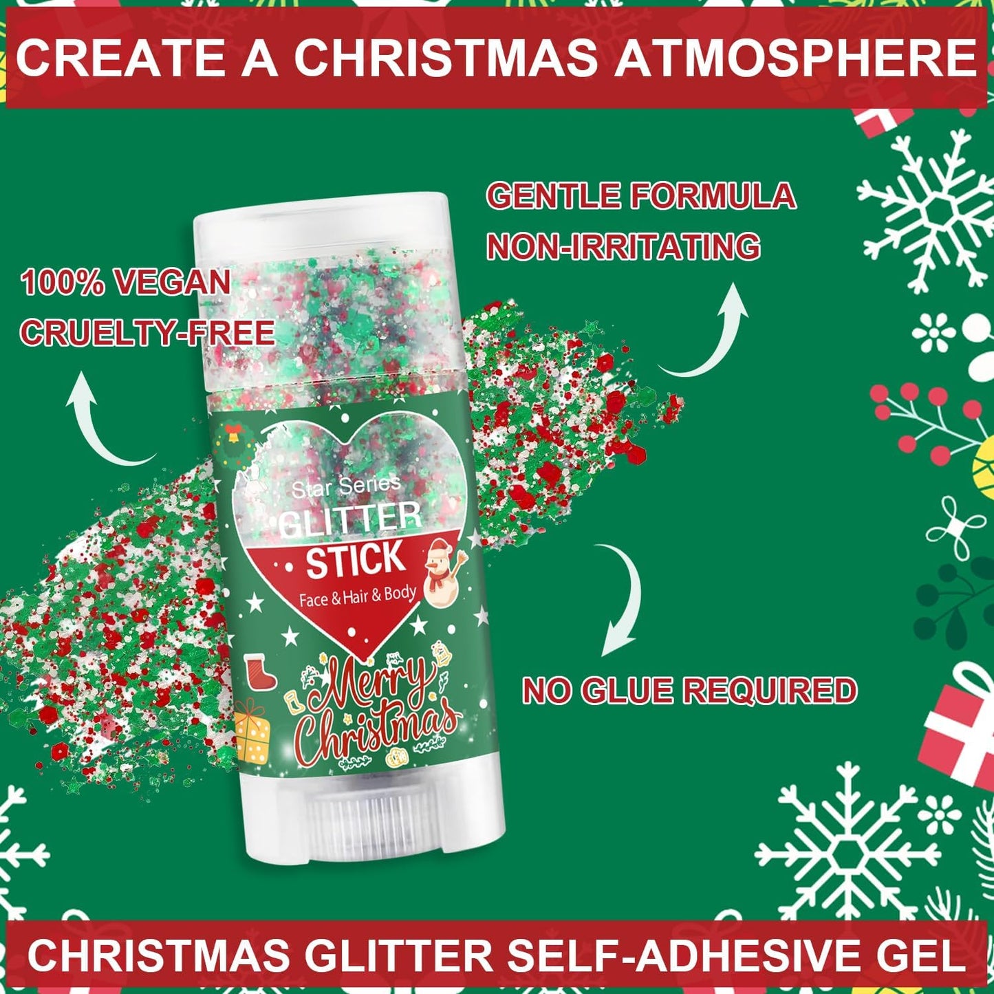 Christmas Body Glitter Stick, Waterproof Halloween Face Glitter Gel, Chunky Glitter Face Paint, Orange Purple Black Sequin Hair Glitter Makeup for Women and Kid (Green Red White)