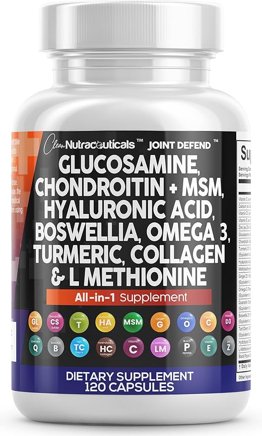 Clean Nutraceuticals Glucosamine Chondroitin MSM 1500mg with Turmeric Curcumin, Collagen, Hyaluronic Acid, Omega 3 – Joint Health Supplement for Men & Women – Joint Complex – 120 Count