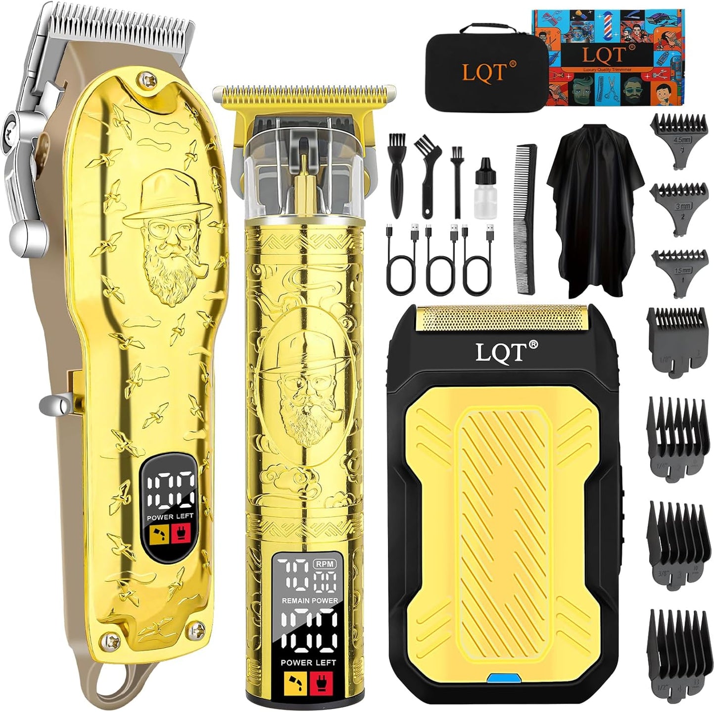 Professional Hair Clipper Set for Men Electric Shaver Razor Cordless Hair Cutting Barber Clippers Beard Trimmer Men’s Grooming Kit Gifts for him (Gold)
