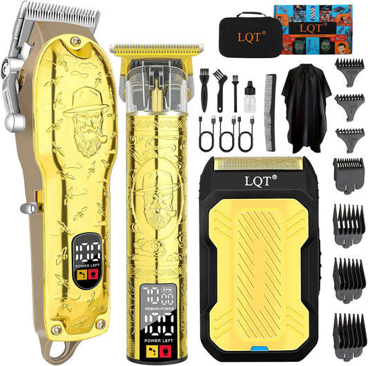 Professional Hair Clipper Set for Men Electric Shaver Razor Cordless Hair Cutting Barber Clippers Beard Trimmer Men’s Grooming Kit Gifts for him (Gold)