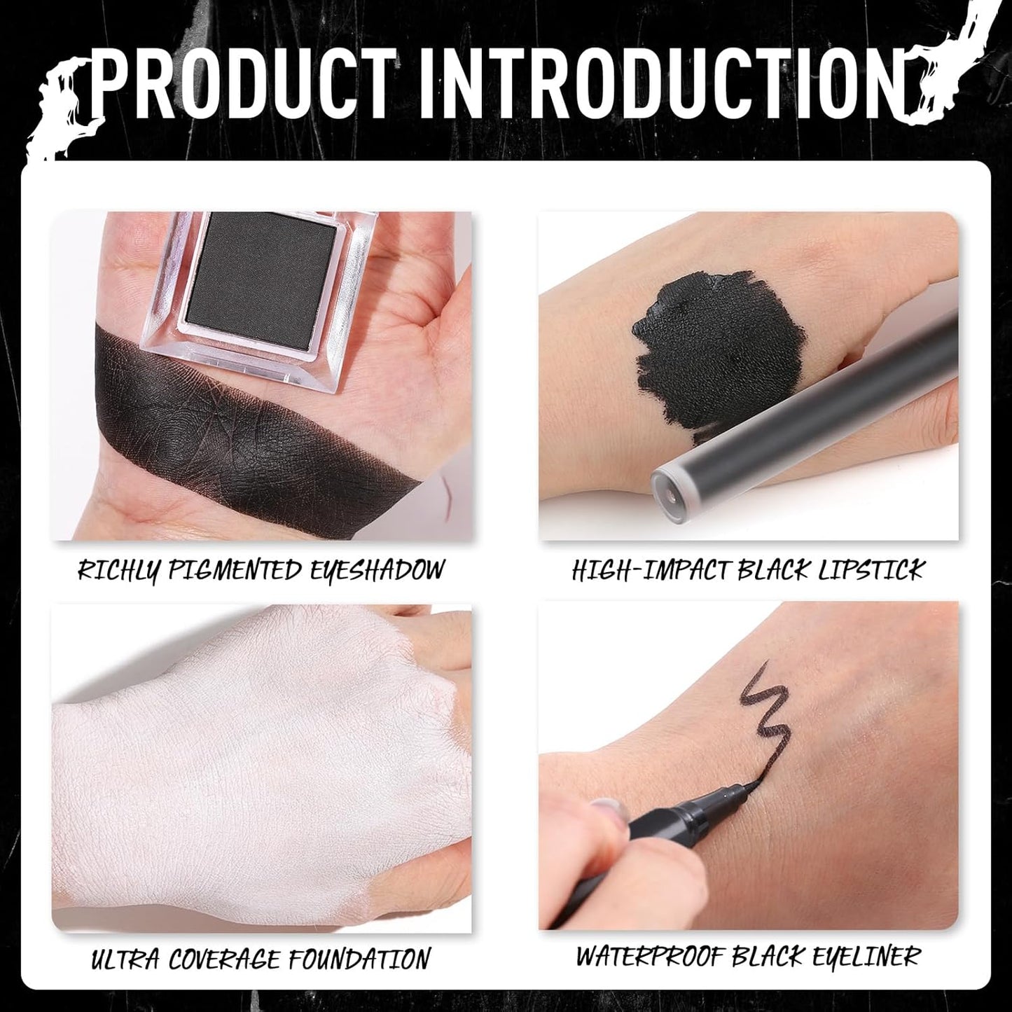 UCANBE Black Halloween Makeup Kit – Skeleton Skull Vampire Gothic Makeup Set for SFX Cosplay Costume -Eyeshadow, White Foundation, Black Lipstick & Eyeliner, Self Adhensive Eyelashes, Brush & Sponges