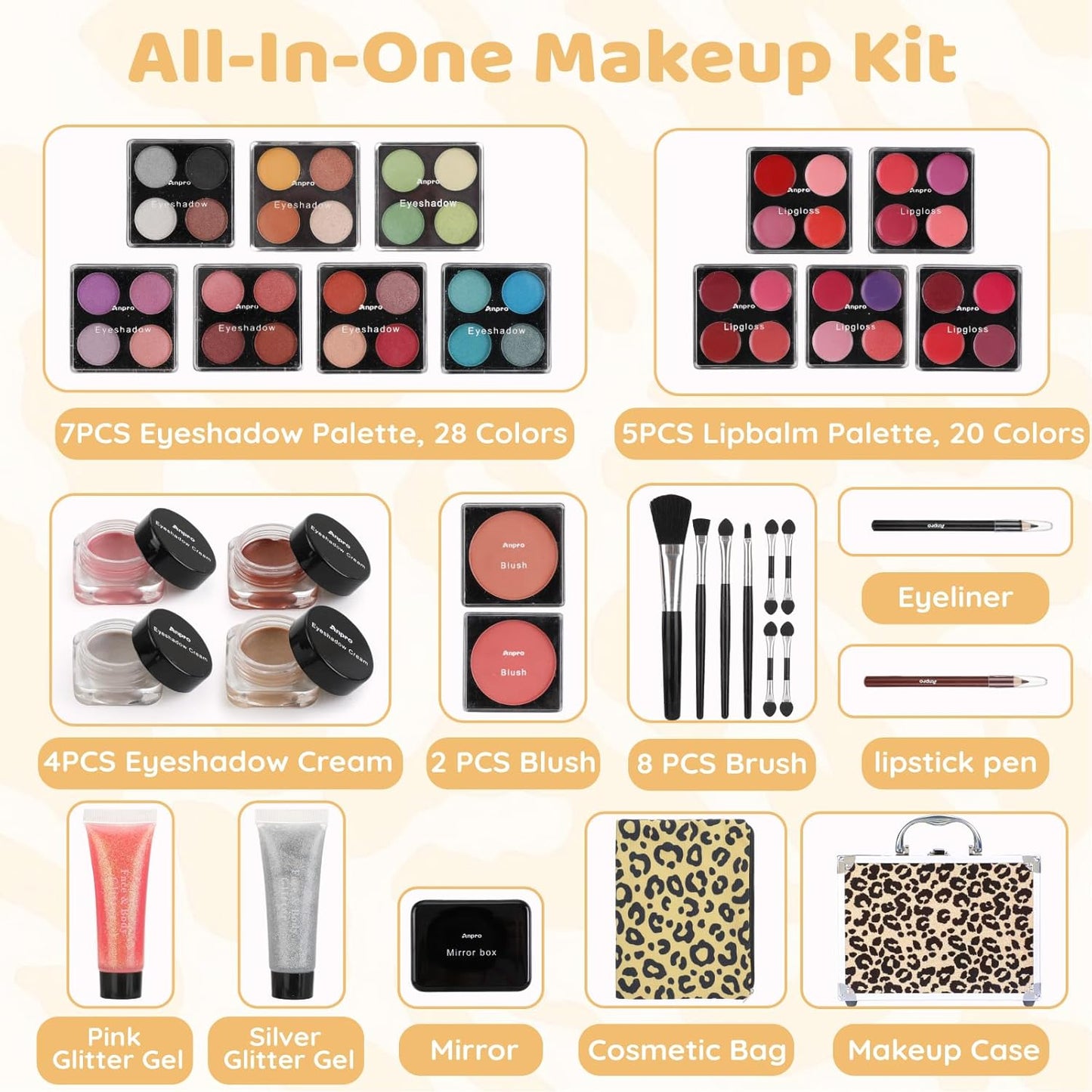 Anpro All-In-One Leopord Double Folding Makeup Carry Case with Pro Teen Makeup Set, Full Starter Kit with Makeup Brushes, Lipsticks, Eyeshadow Palette, Blushes, Glitter Gel, Ideal Present for Girls
