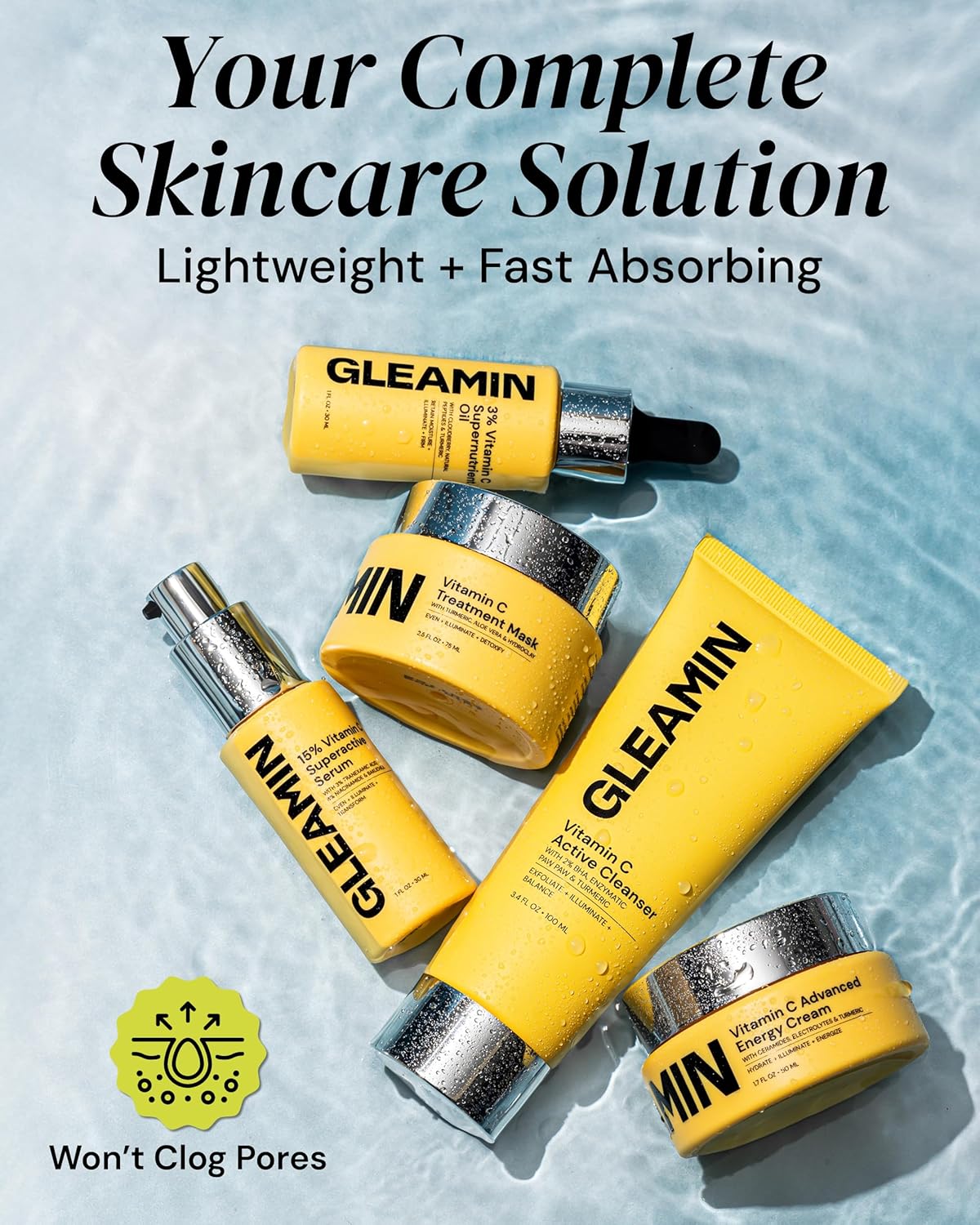 Gleamin Brightening Skincare Bundle – Mask, Serum, Cleanser, Moisturizer & Oil for Dark Spots, Uneven Tone, and Glowing Skin – Complete Vitamin C Skincare Routine