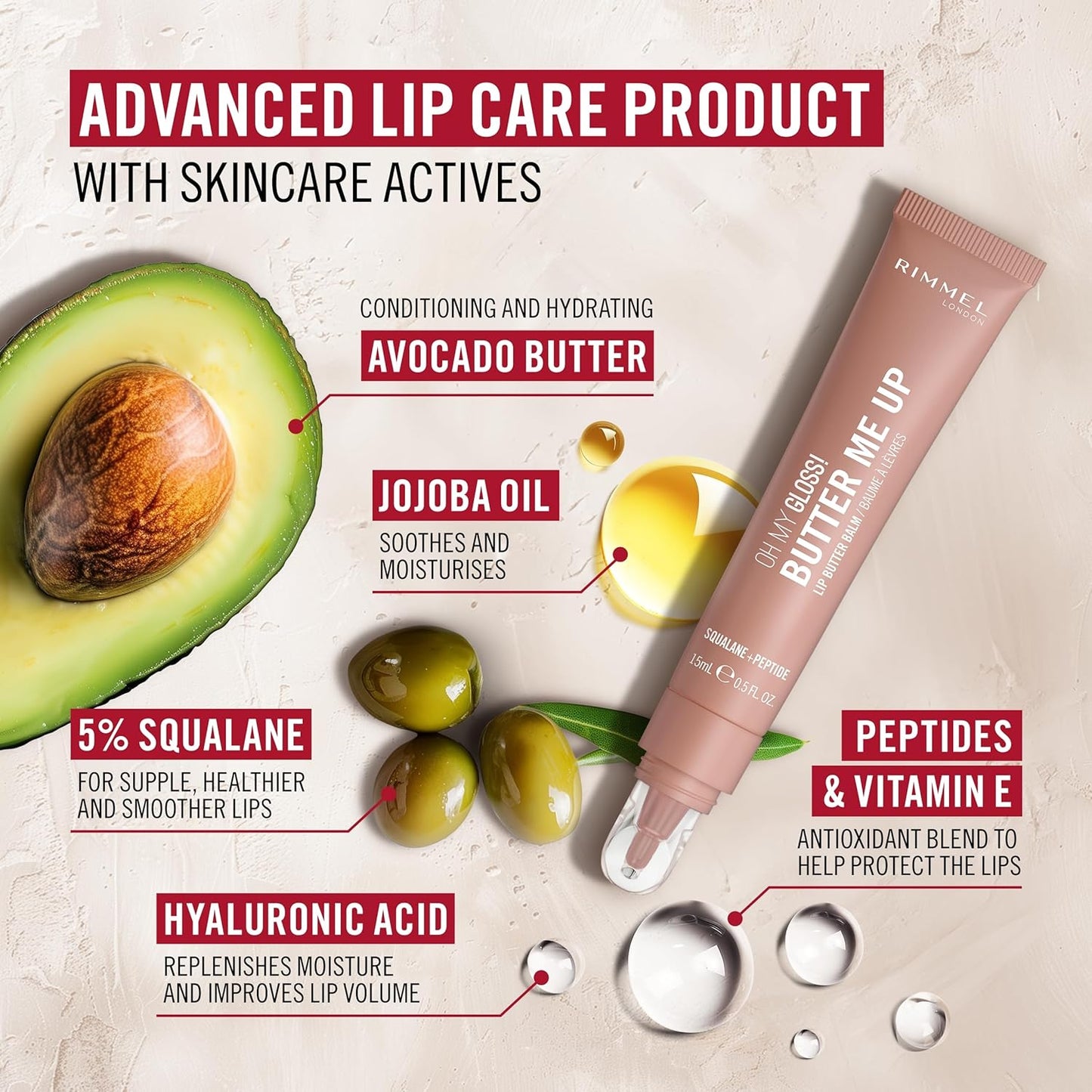 Rimmel London Oh My Gloss Butter Me Up Lip Butter Balm 001 Vanilla Frost, Hydrating Lip Balm, Tinted Lip Balm, Lip Care, Hydration, Nourishing, Squalene