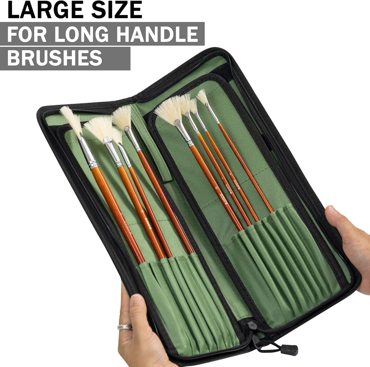 DUGATO Long Canvas Paint Brush Holder Zippered 5.7x14.8 inch, Premium Art Case for Brushes Long Handle up to 13" Length, 15 Slots Storage for Artist (Brush Not Included) - Green
