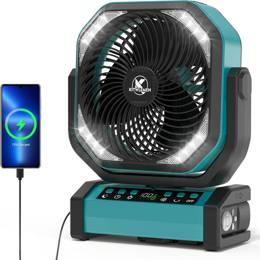 Camping Fan with Light - 20000mAh Rechargeable Battery Fan, 112Hrs Max Run Time, 8 Speeds, Digital Display, Timer, Auto Oscillation, 270° Pivot & Hook for Camping, Power Outage, Hurricane (Blue)