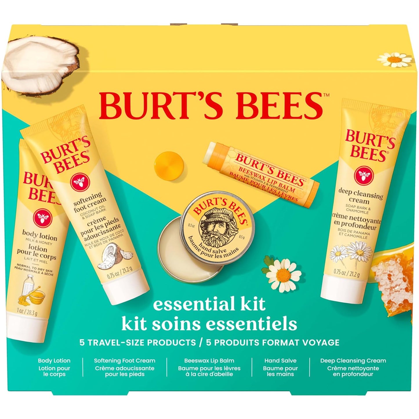 Burt's Bees Christmas Gifts - Essentials Everyday Set, 5 Travel Size Products for Stocking Stuffers - Deep Cleansing Cream, Hand Salve, Body Lotion, Foot Cream and Original Lip Balm