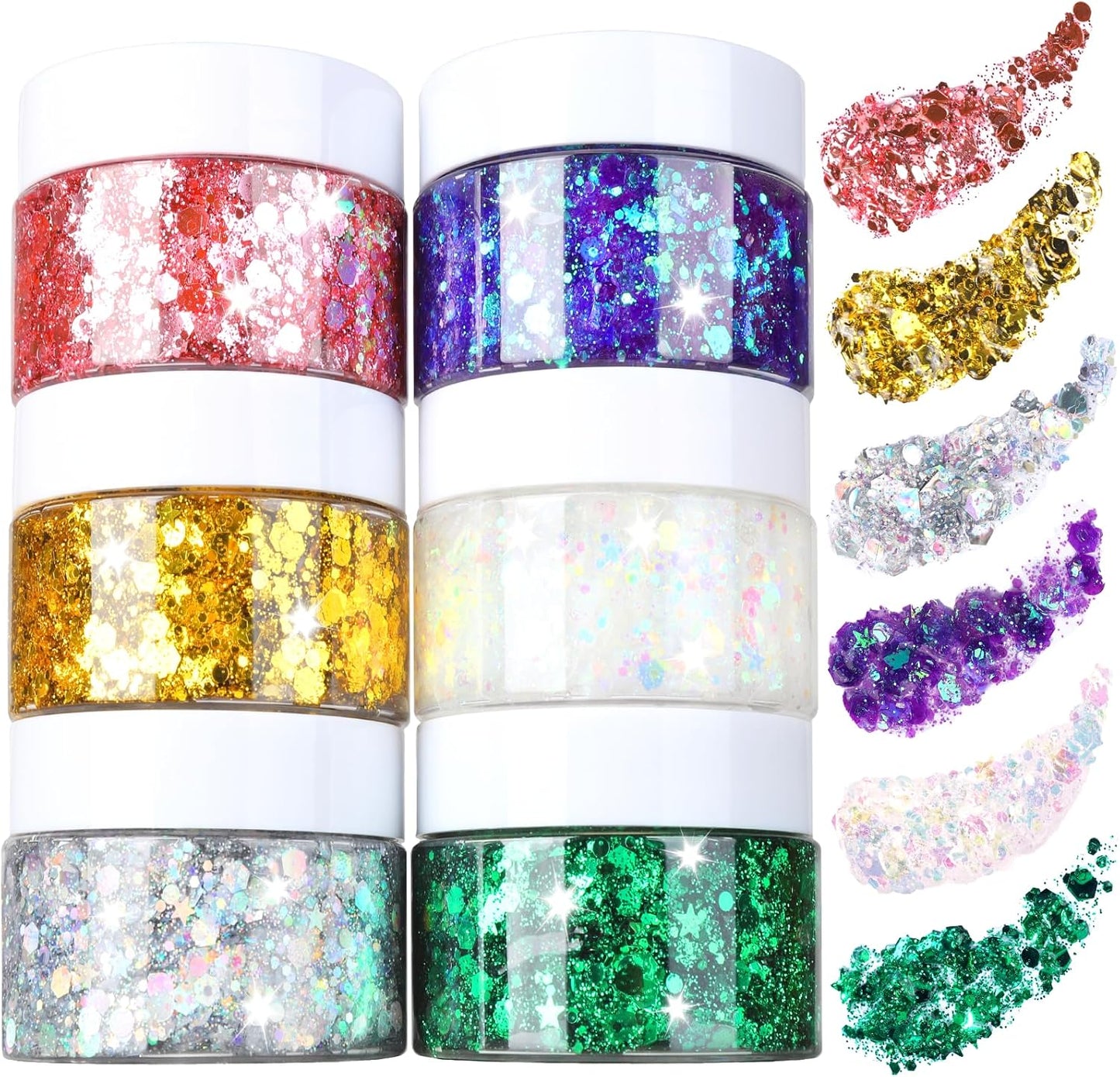 FANDAMEI Body Glitter Gel- 6 Color Glitter Makeup Face Paint for Body&Face&Hair, Rave Festival Mermaid Halloween Concert, Hair Glitter for Kids & Women
