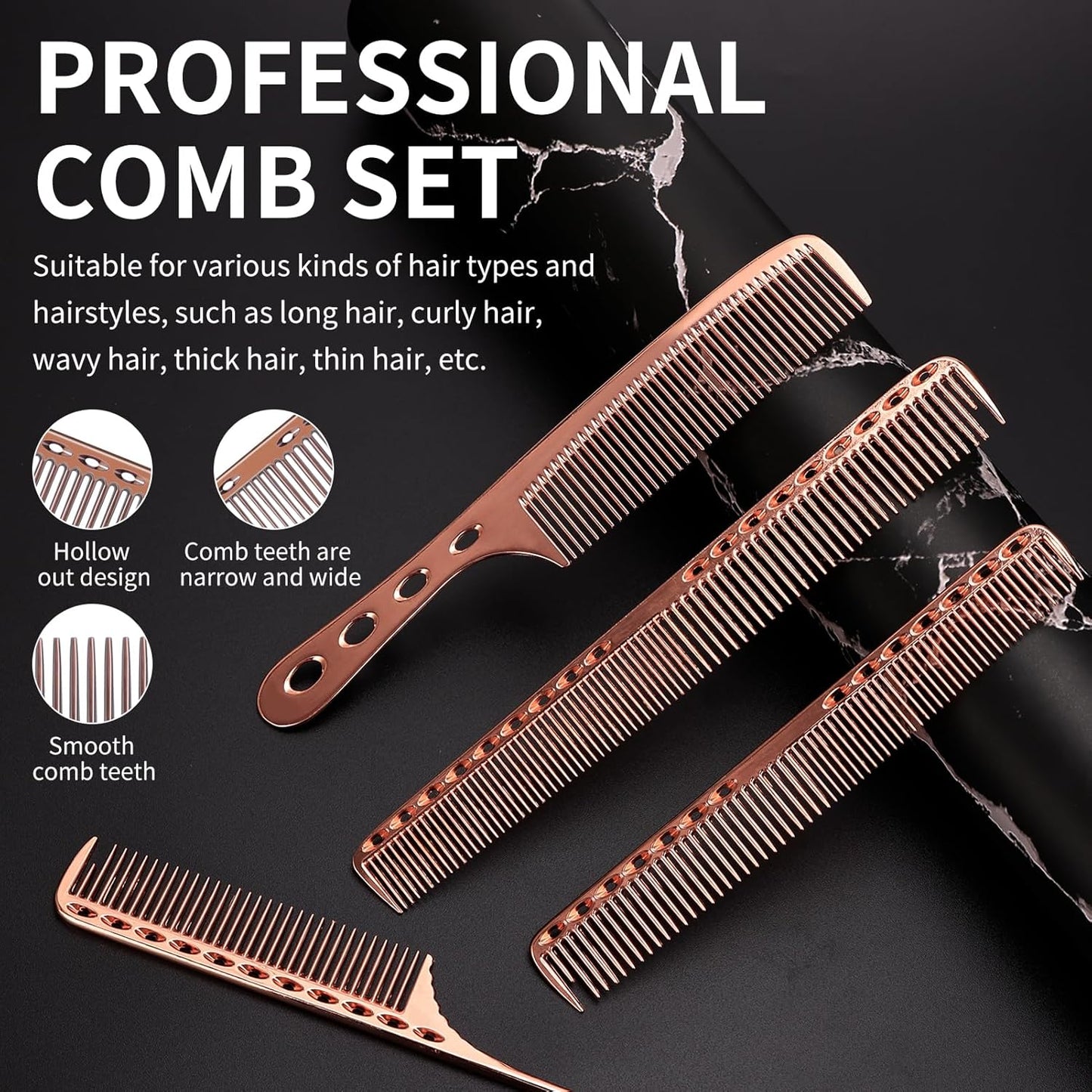 Professional Barber Aluminum Comb Set for Dressing, Cutting Hair, and Styling: Long/Short Hair Combs, Handle, and Tail Comb (Rose Gold)