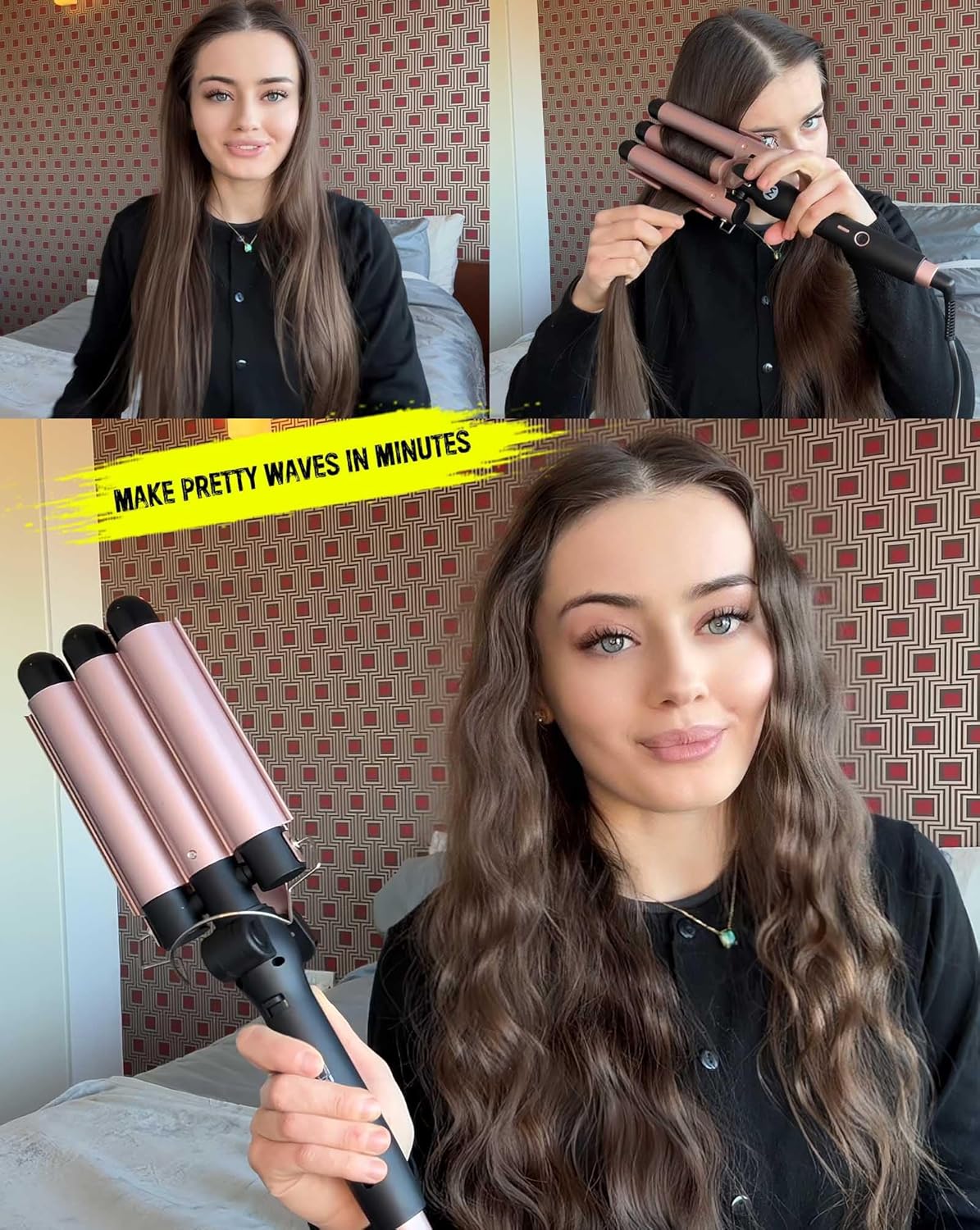 3 Barrel Curling Iron, 1 Inch Ceramic Tourmaline Hair Waver Wand with LCD Temperature Display, Fast Heating Foldable Crimpers for Travel Glove Included (Gold)