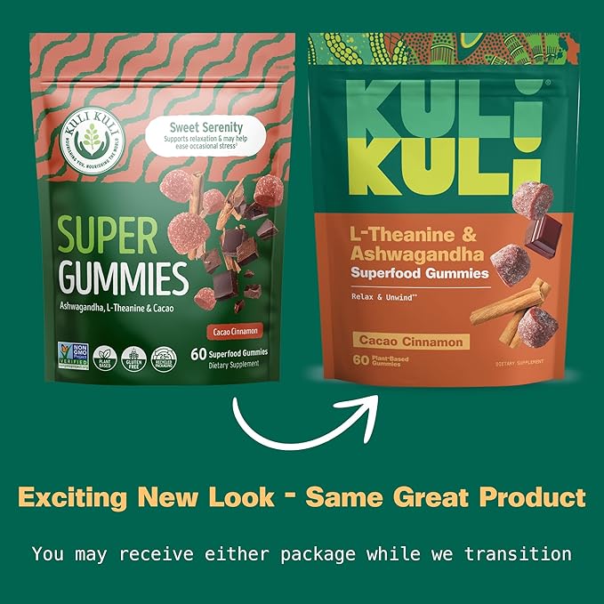 Kuli Kuli Super Gummies - Calming Supplements with Ashwagandha, L-Theanine & Cacao - Helps Support Relaxation & Rejuvenation - 60 Non-GMO, Gluten-Free Gummies