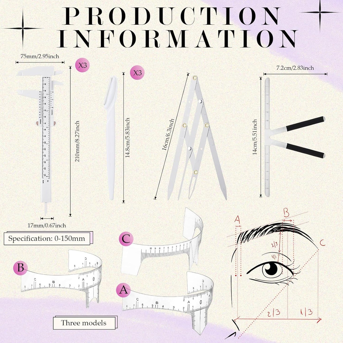Konohan 11 Pcs Eyebrow Mapping Kit Eyebrow Shaping Tools Eye Brow Measuring Ruler Double Scale Vernier Caliper 3 Point Positioning Ruler Golden Ratio Caliper Brow Trimming Knives(White)