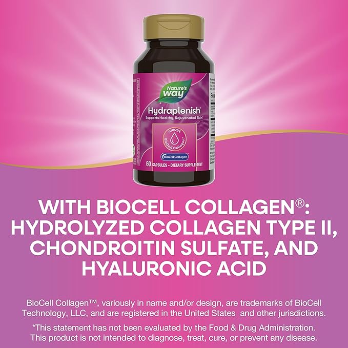 Nature's Way Hydraplenish, with Unique BioCell Collagen, Hyaluronic Acid, Promotes Collagen Production and Elasticity for Healthy Skin*, 60 Capsules (Packaging May Vary)