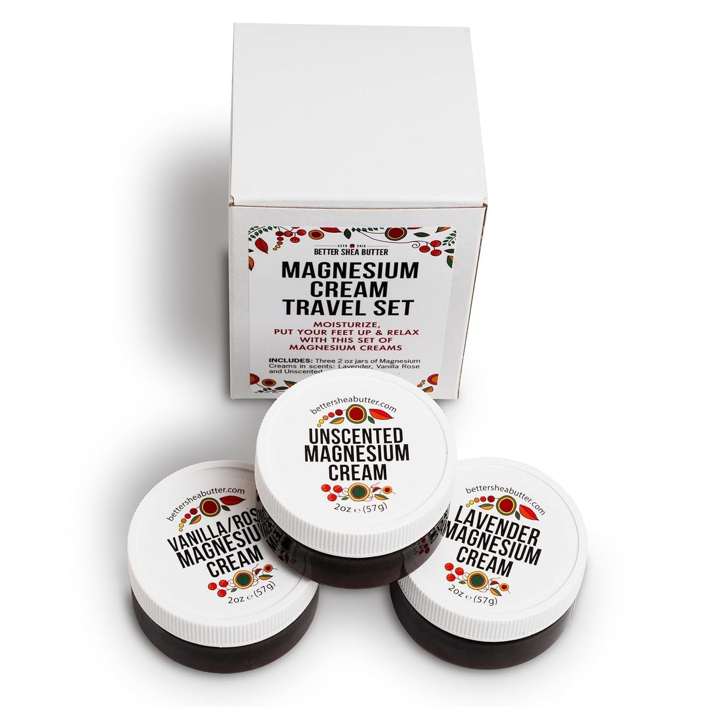 Better Shea Butter Magnesium Cream Variety Pack | for Leg Cramps | Vanilla Rose, Unscented and Lavender Travel Size Lotion Minis for Women and Men | Safe for Pregnancy, Kids & Babies 3 x 2oz Jars