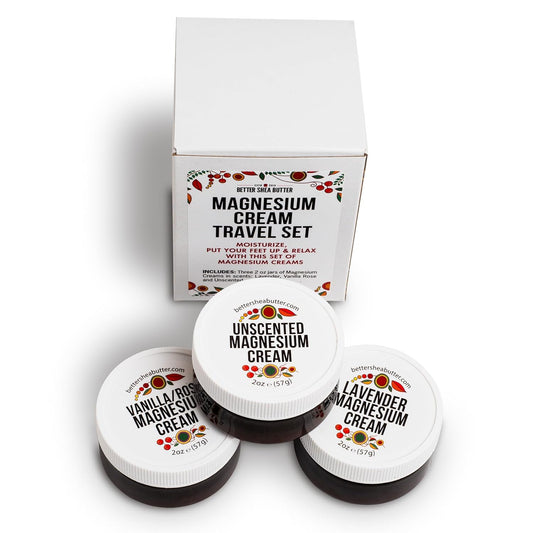 Better Shea Butter Magnesium Cream Variety Pack | for Leg Cramps | Vanilla Rose, Unscented and Lavender Travel Size Lotion Minis for Women and Men | Safe for Pregnancy, Kids & Babies 3 x 2oz Jars