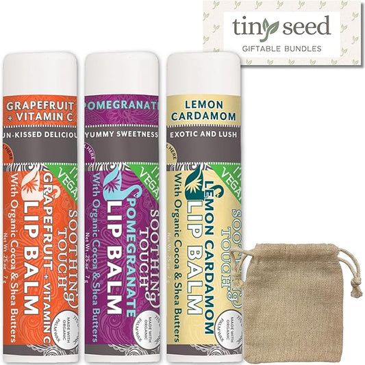 Vegan Lip Balm Set - Variety Pack of 3 Soothing Touch Lip Balms. Large 0.25 oz size. Includes Bonus Muslin Pouch (3 x 4 in). Unique Gift Bundle from Tiny Seed (Grapefruit, Pomegranate, Lemon Cardamom)