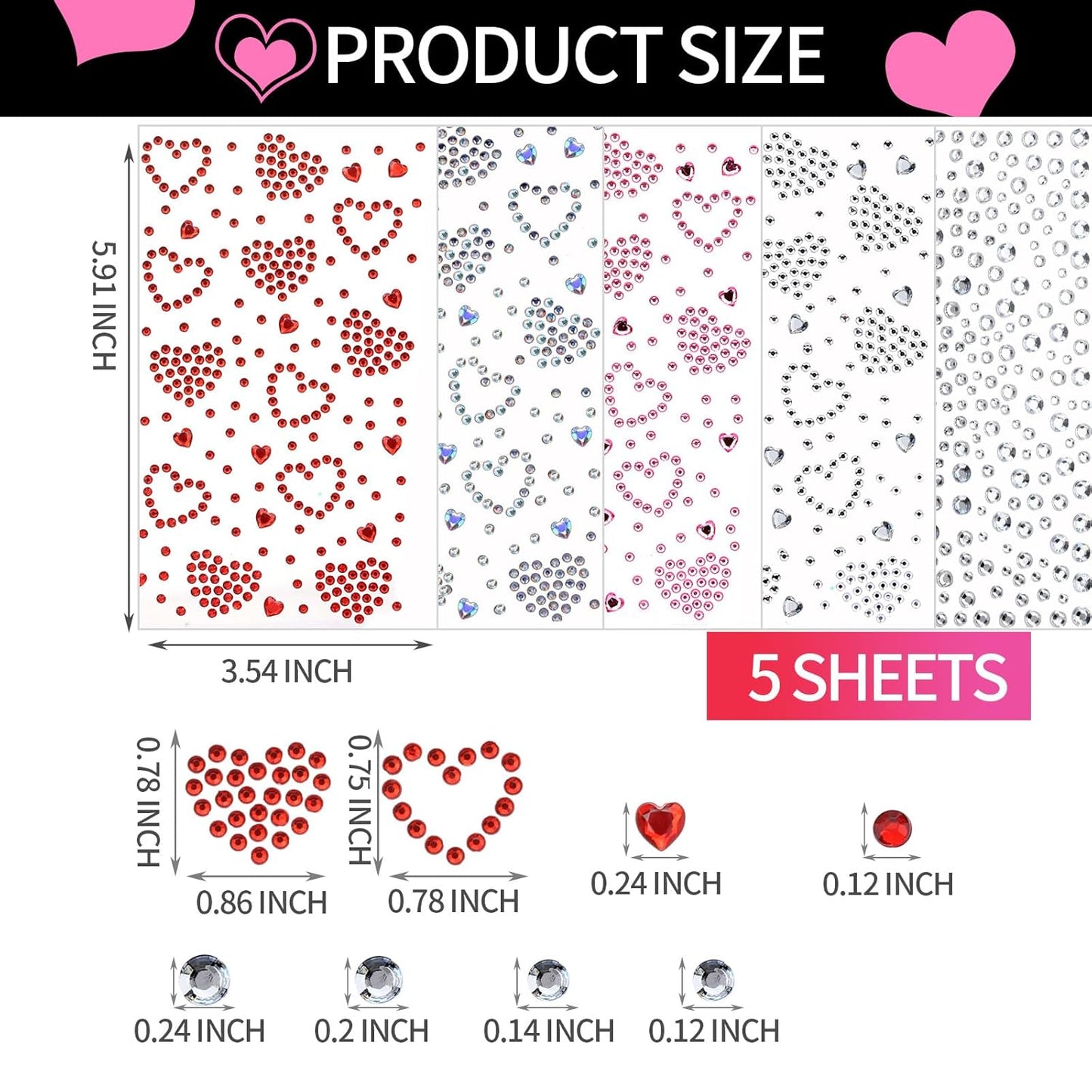 YGDZ Face Gems 5 Sheets Hair Gems, Self Adhesive Face Jewels Stickers, Heart Festival Face Gems Stick on, Rhinestone stickers for Face, Eye, Makeup, Rave Accessories for Kids, Women