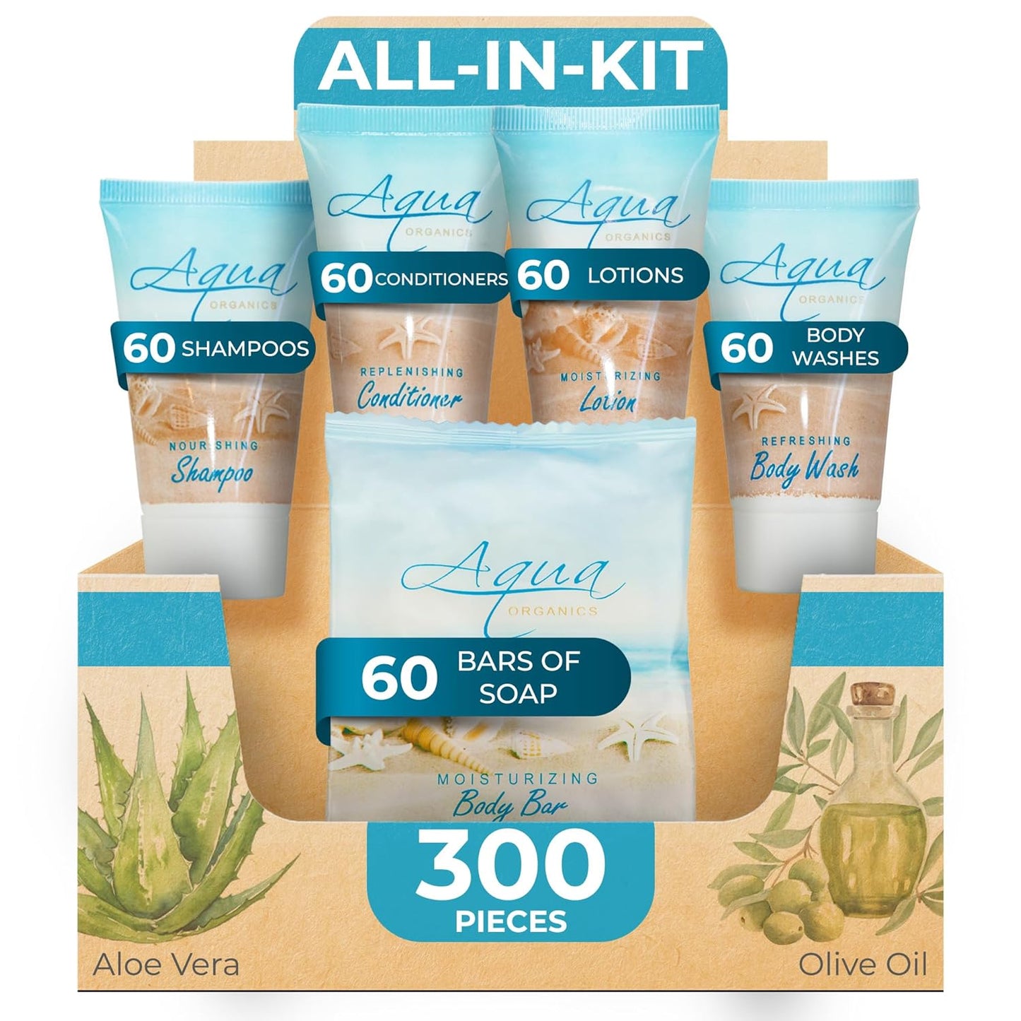 Aqua Organics Hotel Soaps and Toiletries Bulk Set | 1oz Hotel Shampoo & Conditioner, Body Wash, Body Lotion & 1oz Bar Soap Travel Size | 300 Pieces
