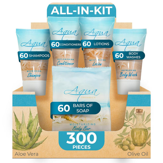 Aqua Organics Hotel Soaps and Toiletries Bulk Set | 1oz Hotel Shampoo & Conditioner, Body Wash, Body Lotion & 1oz Bar Soap Travel Size | 300 Pieces