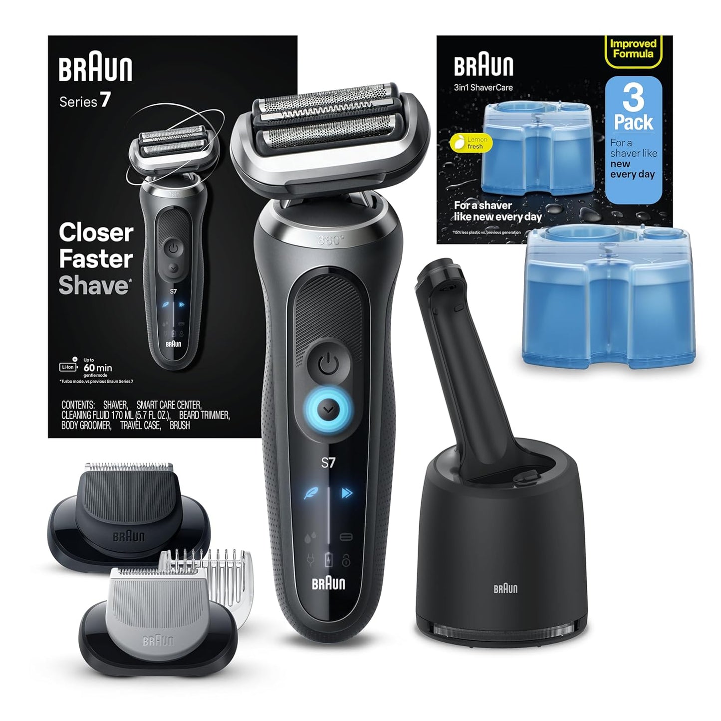 Braun Electric Shaver for Men, Series 7 7177cc, Wet & Dry Shave, Turbo & Gentle Shaving Modes, Waterproof Foil Shaver, 3ct Clean and Renew Cartridge