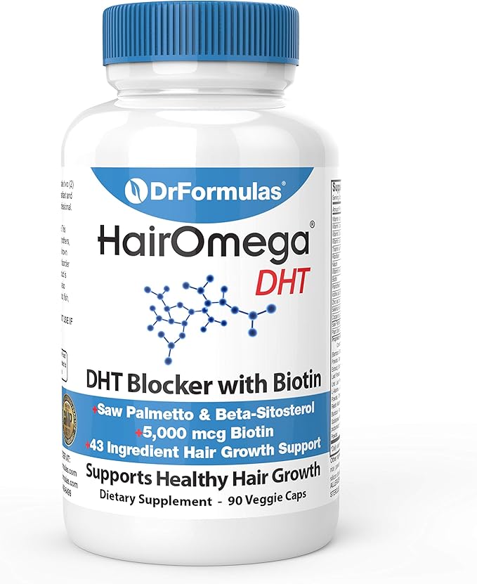 DrFormulas DHT Blocker for Men and Women | HairOmega Advanced Hair Growth Supplements with Biotin 5000 mcg | Hair Loss Vitamins Pills, 45 Day Supply