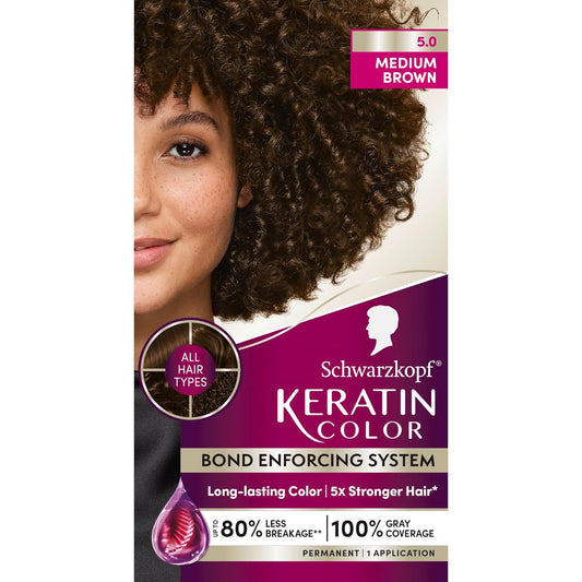 Schwarzkopf Keratin Permanent Hair Dye Cream, 5.0 Medium Brown, Professional Quality Color for Up to 100% Gray Coverage, Bond Enforcing System